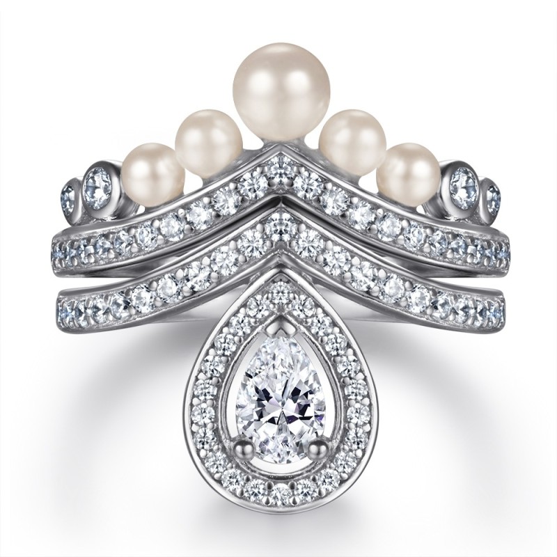 Elegant Crown Design with Pearl Set Briolette Cut 925 Sterling Silver Birdal Sets C2023010012 