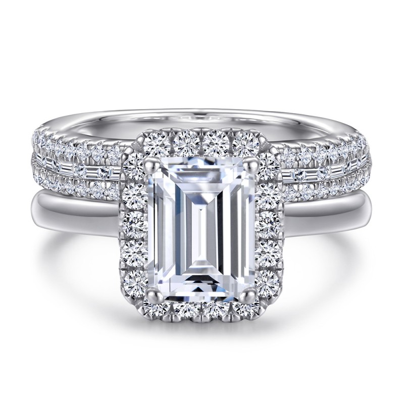 Halo Set Emerald Cut 925 Sterling Silver Birdal Sets C2023010021 