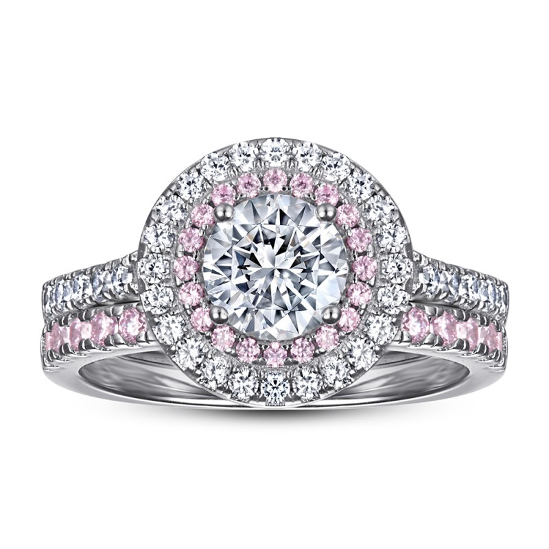 Double Halo Setting with Pink Sapphire Round Cut 925 Sterling Silver Birdal Sets C2023010050