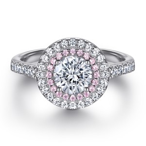 Double Halo Setting with Pink Sapphire Round Cut 925 Sterling Silver Birdal Sets C2023010050