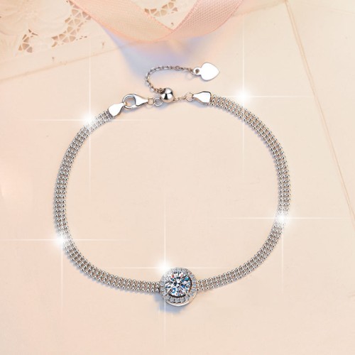 2CT Moissanite With Round Bead Silver Chain Design Bracelet C2024070005 