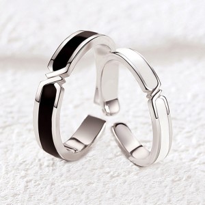 Charmorah "EbonyIvory" Adjustable Sterling Silver Couple Rings C2024040007