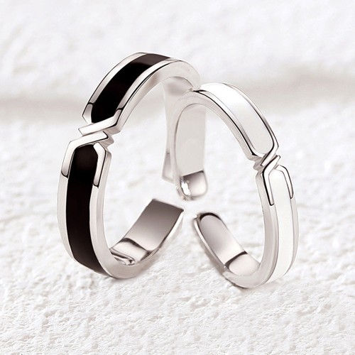 Charmorah "EbonyIvory" Adjustable Sterling Silver Couple Rings C2024040007 