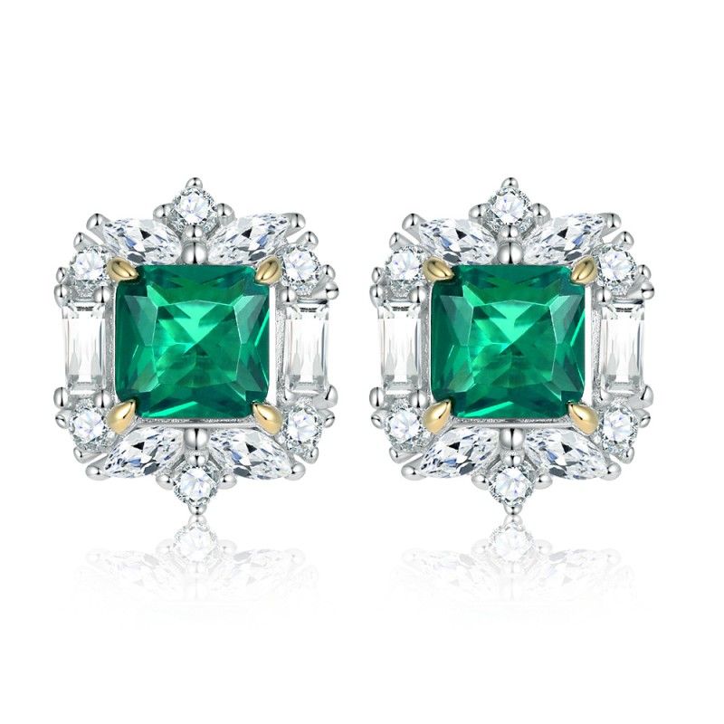 Cubic Zirconia Emerald Shaped Sterling Silver Stud Earrings C2024060010 