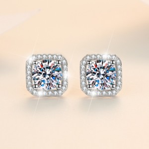 1CT Moissanite Halo Set Round Cut Sterling Silver Stud Earrings C2024060017