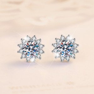 Moissanite Sunflower Design Round Cut Sterling Silver Stud Earrings C2024060019