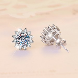 Moissanite Sunflower Design Round Cut Sterling Silver Stud Earrings C2024060019