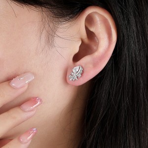 Leaf with Briolette Cut Stone Sterling Silver Stud Earrings C2024060002