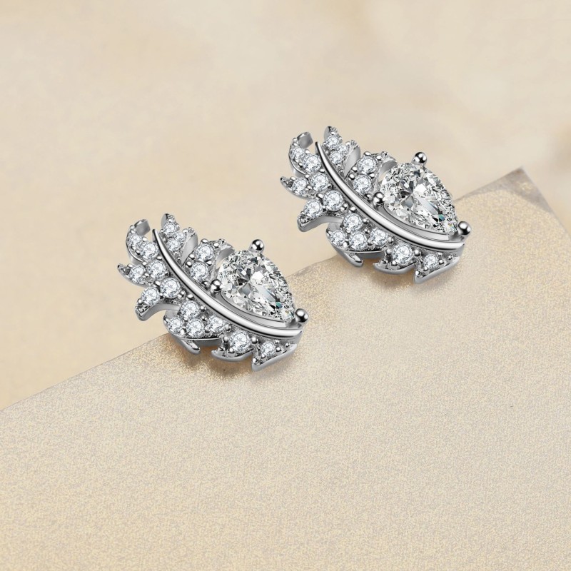 Leaf with Briolette Cut Stone Sterling Silver Stud Earrings C2024060002 