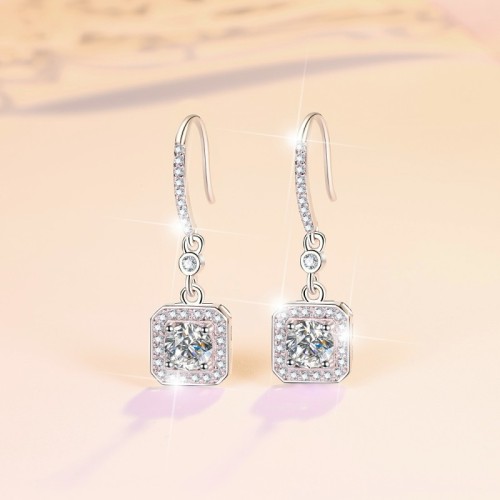 Halo Set Round Cut Design Moissanite Sterling Silver Drop Earrings C2024060021 
