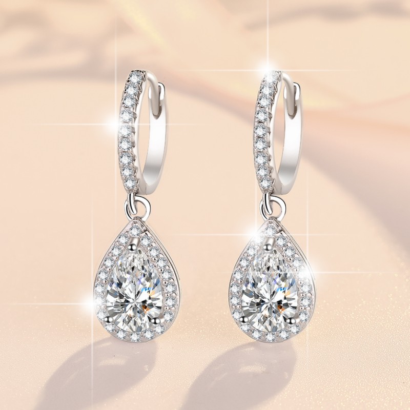 1 CT Halo Set Briolette Cut Design Moissanite Sterling Silver Drop Earrings C2024060023 