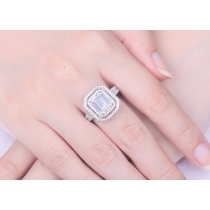 Double Halo Set Emerald Cut 925 Sterling Silver Engagement Rings C2024020003