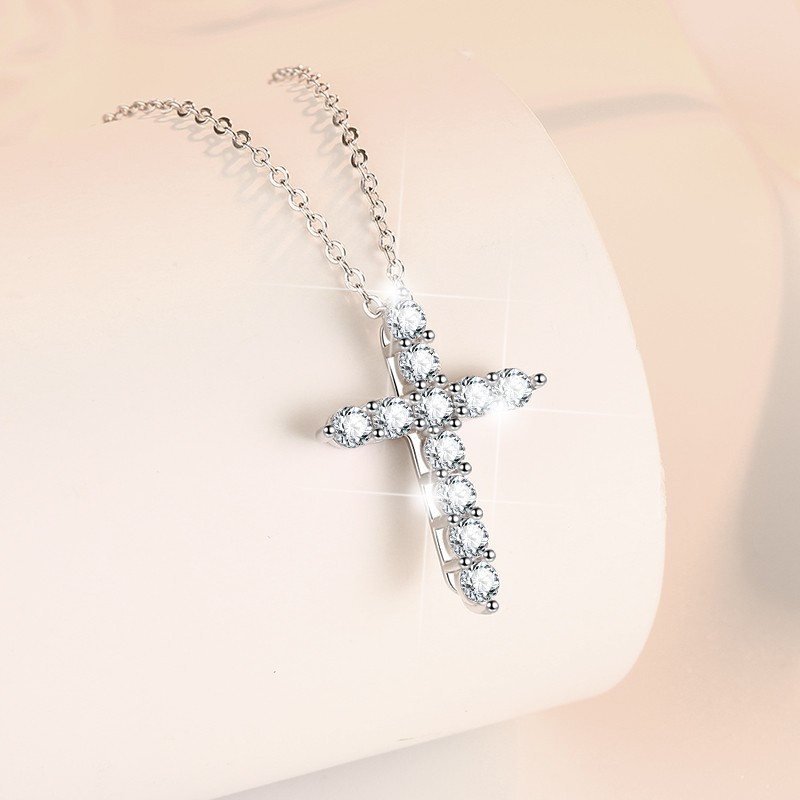 Cross Shape Round Cut Moissanite Sterling Silver Classic Necklace C2024080002