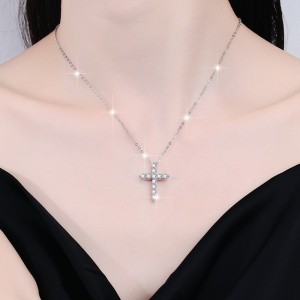 Cross Shape Round Cut Moissanite Sterling Silver Classic Necklace C2024080002