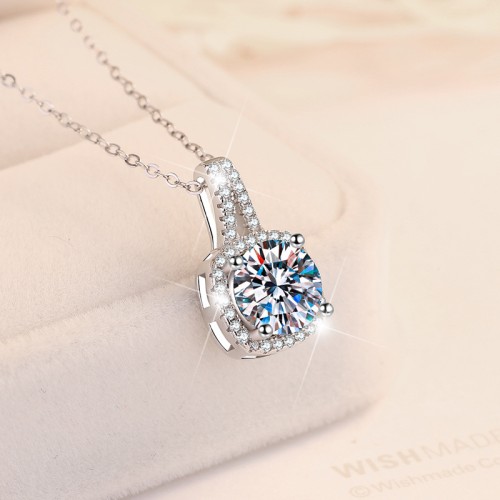 2 CT Halo Design Round Cut Moissanite Sterling Silver Classic Necklace C2024080003 